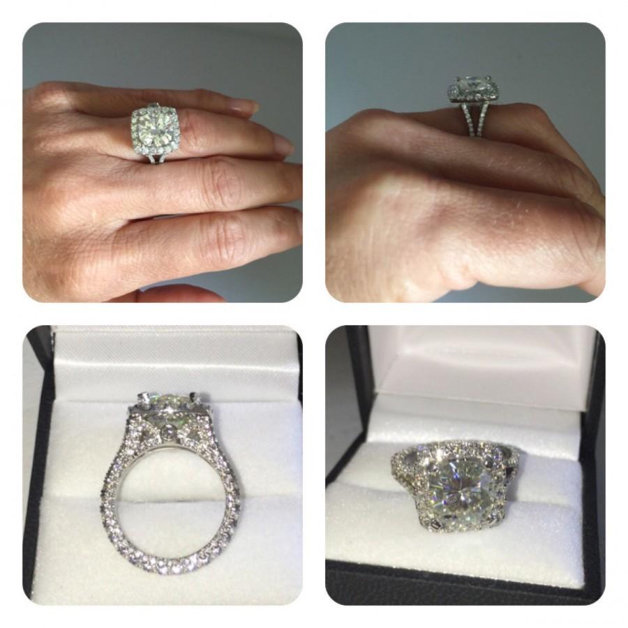 Hochzeit - Forever Brilliant Moissanite Halo Engagement Ring 18k White Gold 9mm Cushion Cut Moissanite Center & Natural Diamonds pristine custom rings