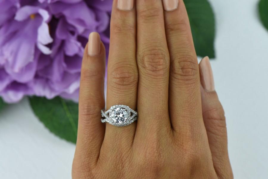 Hochzeit - 2.25 ctw Wedding Set, Twisted Halo Ring, Engagement Ring, Criss Cross Wedding Ring, Man Made Diamond Simulants, Bridal Set, Sterling Silver