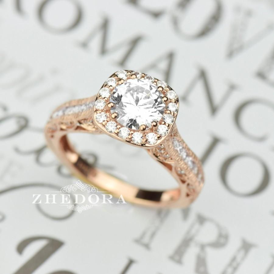 Hochzeit - 2.70 CT Engagement Ring Round Cut halo 14k SOLID Rose Gold Bridal Band Unique Bridal Band, Lab Created Diamond Filigree band