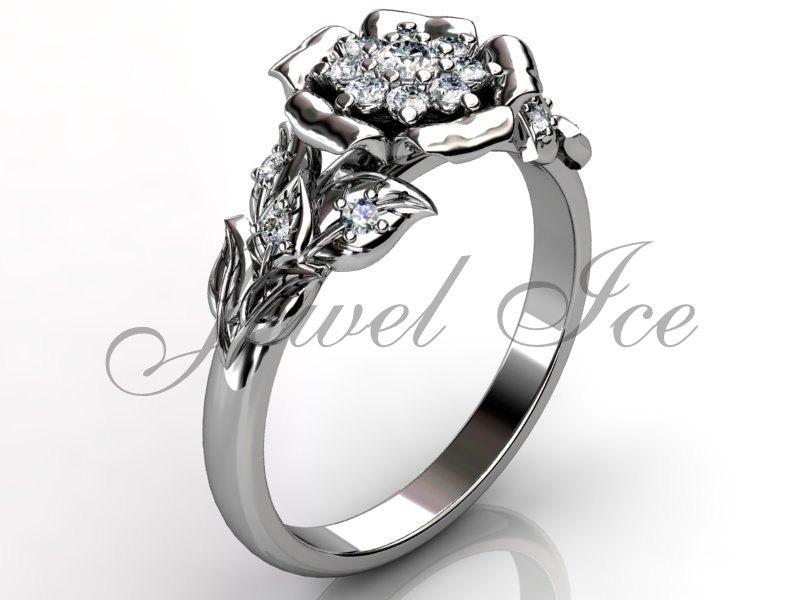 زفاف - 14k white gold diamond unusual unique cluster flower engagement ring, bridal ring, wedding ring ER-1074-1