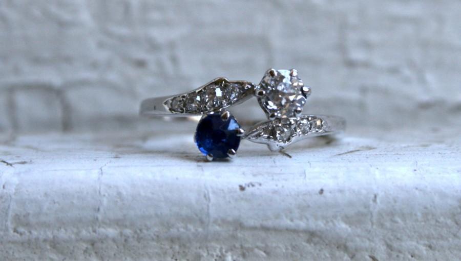 Mariage - Awesome Vintage 14K White Gold Twin Diamond and Sapphire Ring - 1.12ct.