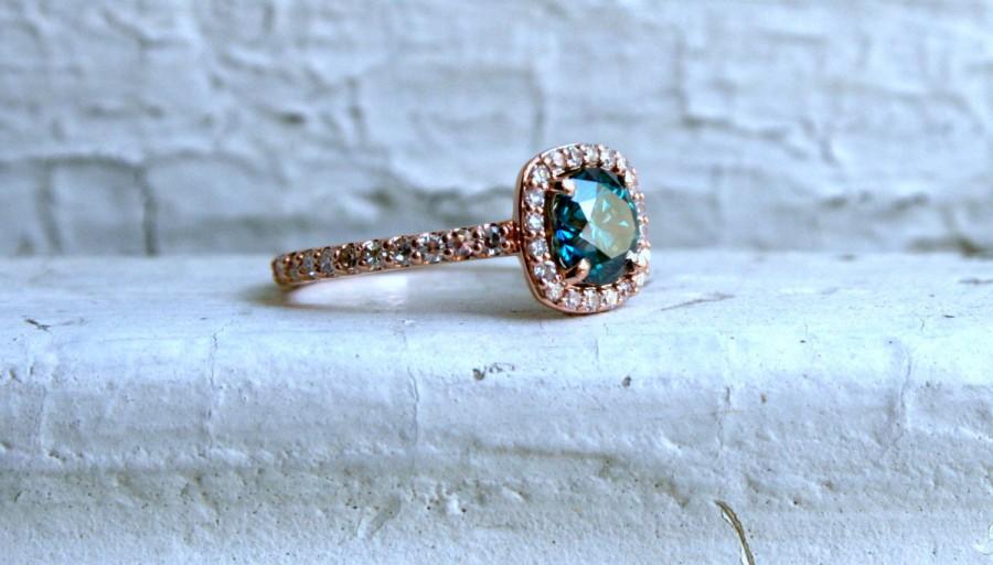 زفاف - 14K Rose Gold Pave Diamond and Blue Diamond Halo Ring - 1.05ct.