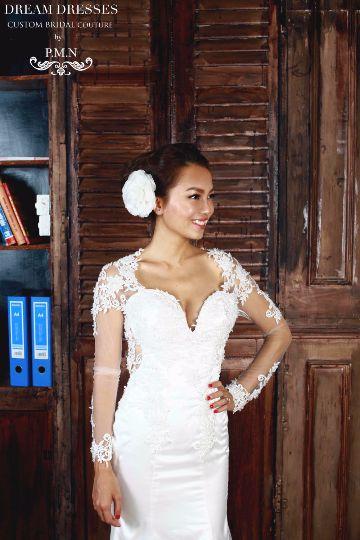 Hochzeit - Sheer Long Sleeve Satin Wedding Dress (#PB095)