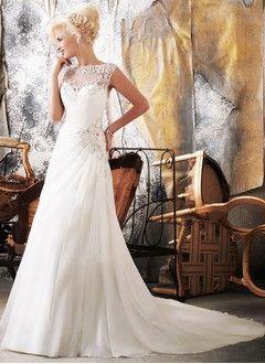Mariage - A-Line/Princess Scoop Neck Chapel Train Chiffon Wedding Dress With Ruffle Lace Beading Appliques Lace