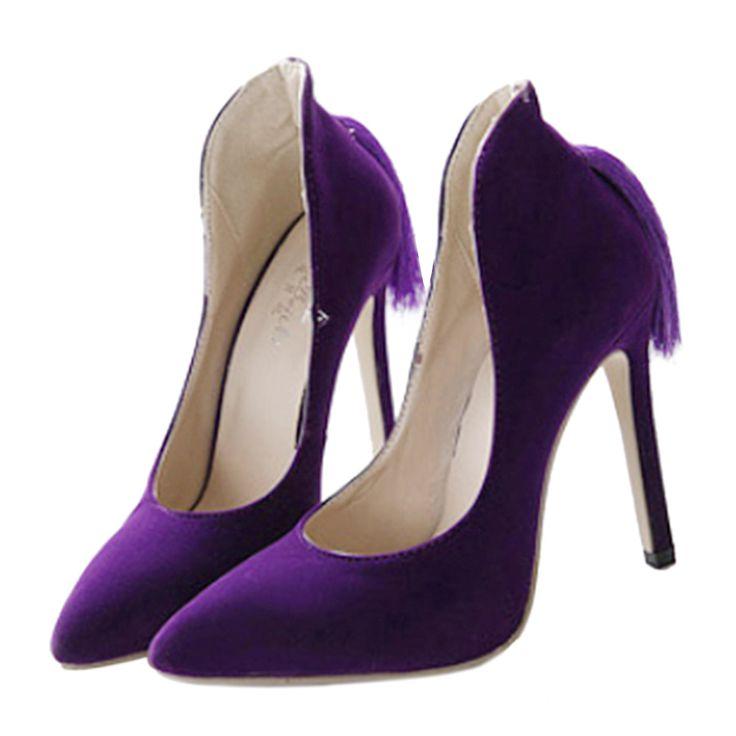 زفاف - Back Heel Tassel Pointed Thin High Heel Low-cut Wedding Shoes Purple 35