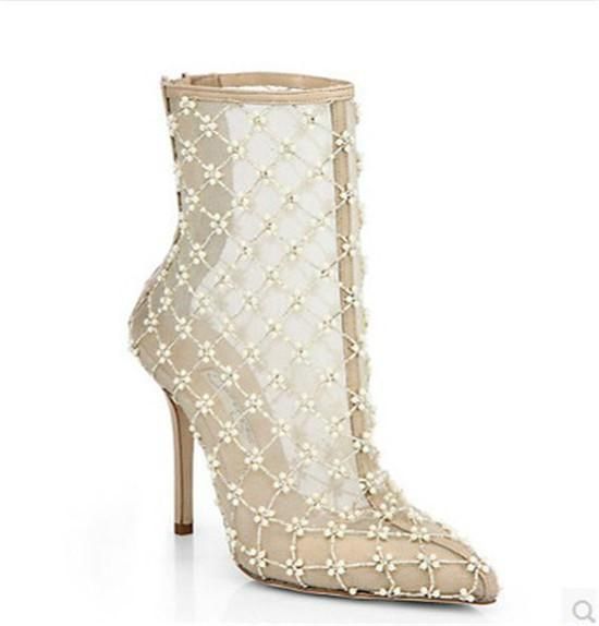Hochzeit - White Mesh Women Boots High Heels Ankle Boots Bride Wedding Shoes Woman Gladiator Autumn Boots Botas Femininas