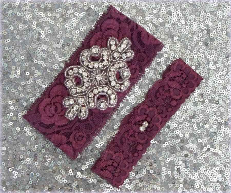 Wedding - Wedding Garter Set - BURGUNDY Lace SILVER Rhinestone Crest Show & Dual Stud Toss - other COLORS available
