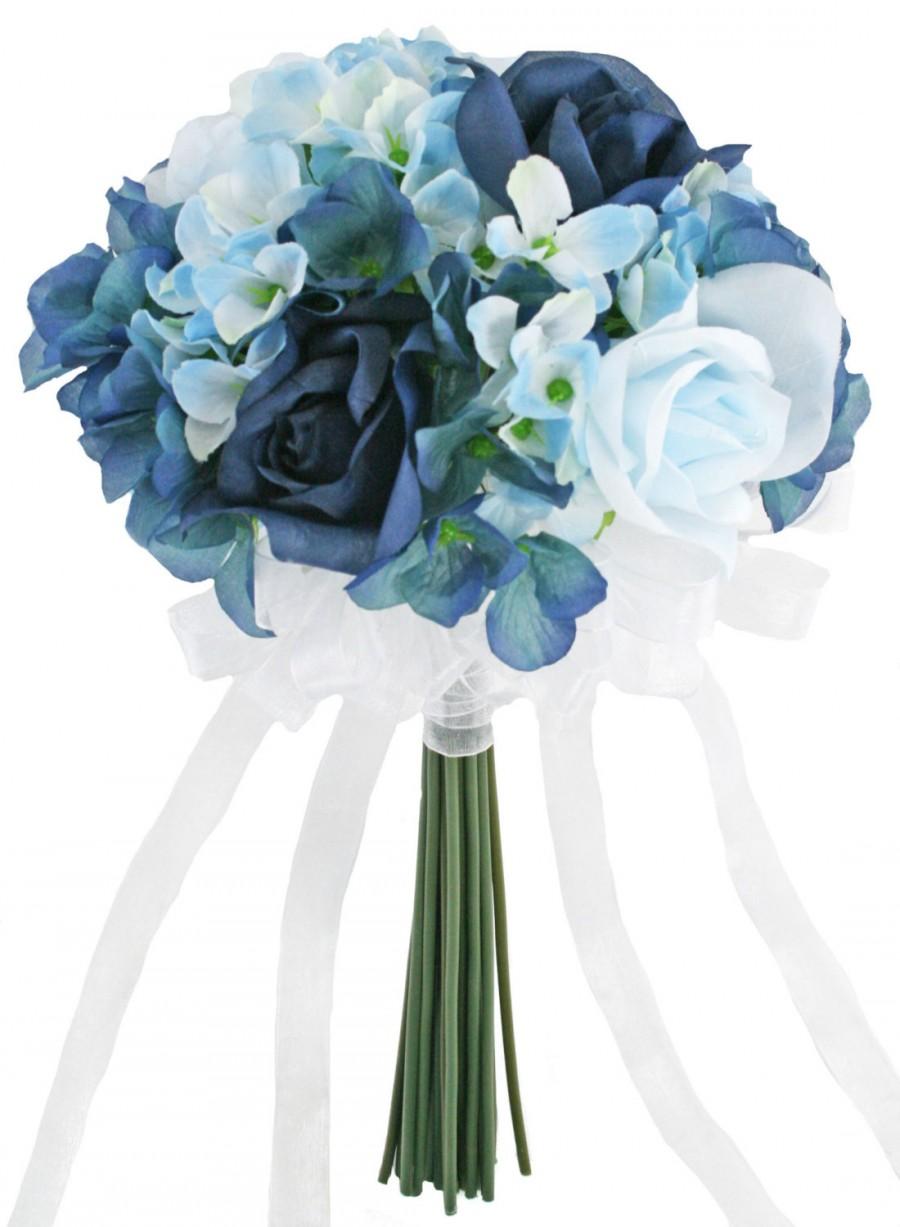Hochzeit - Hydrangea Rose Navy Light Beach Blue Hand Tie Small - Silk Bridal Wedding Bouquet