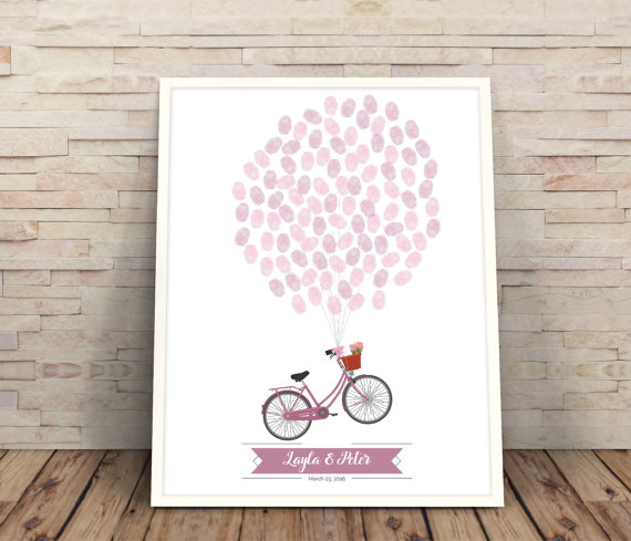 Mariage - bike guest book, guestbook alternative idea, bicycle wedding guest book, thumb print balloon wedding book, purple thumb print guest book,