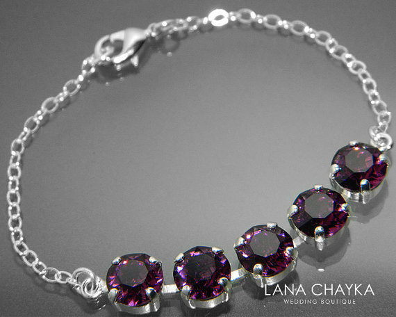 Mariage - Amethyst Crystal Bracelet Swarovski Amethyst Sterling Silver Bracelet Purple Wedding Bracelet Bridesmaid Amethyst Jewelry Swarovski Bracelet