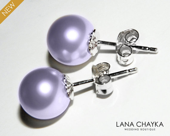 زفاف - Lavender Pearl Stud Earring Swarovski 8mm Pearl 925 Sterling Silver Pearl Studs Light Violet Pearl Earrings Wedding Pearl Earrings