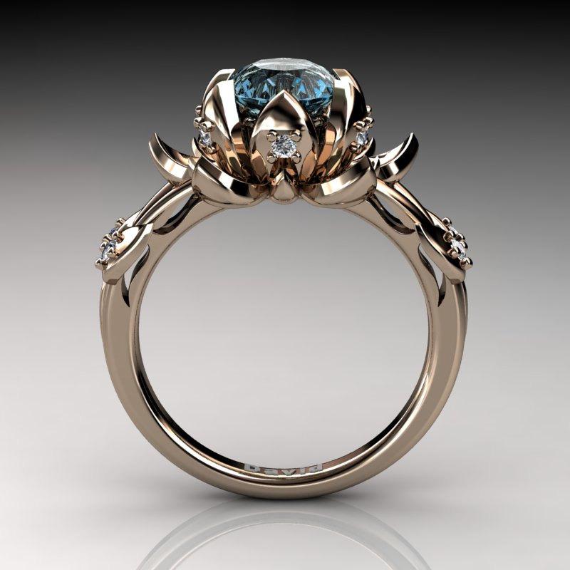 Hochzeit - Nature Inspired 14K Rose Gold 2.0 Carat Oval Blue Topaz Diamond Lotus Flower Engagement Ring R1013-14KRGDBT