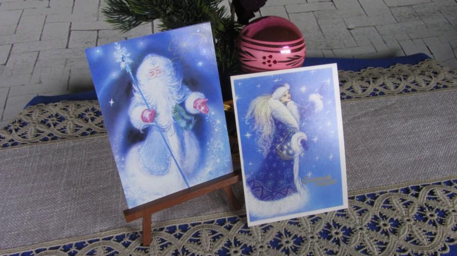 Hochzeit - Santa Claus on blue background post card New, Snow Maiden Cute and Lovely Post Card Christmas Time, Fancy USSR Christmas Classic Post Crads
