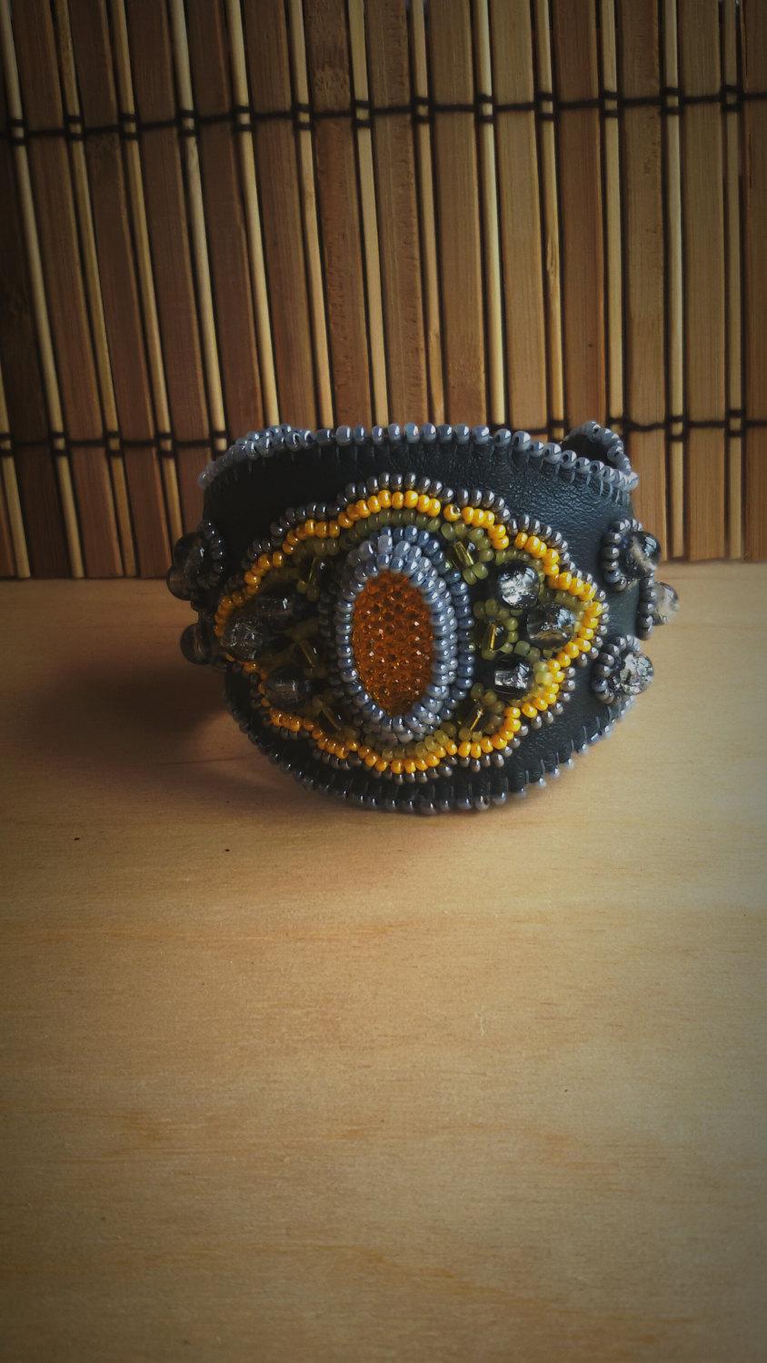 Mariage - Grey Leather Bracelet Grey,Yellow Bracelet Cuff Leather Cuff Leather Bracelet Leather Beaded Bracelet Gift for her Beaded Cuff