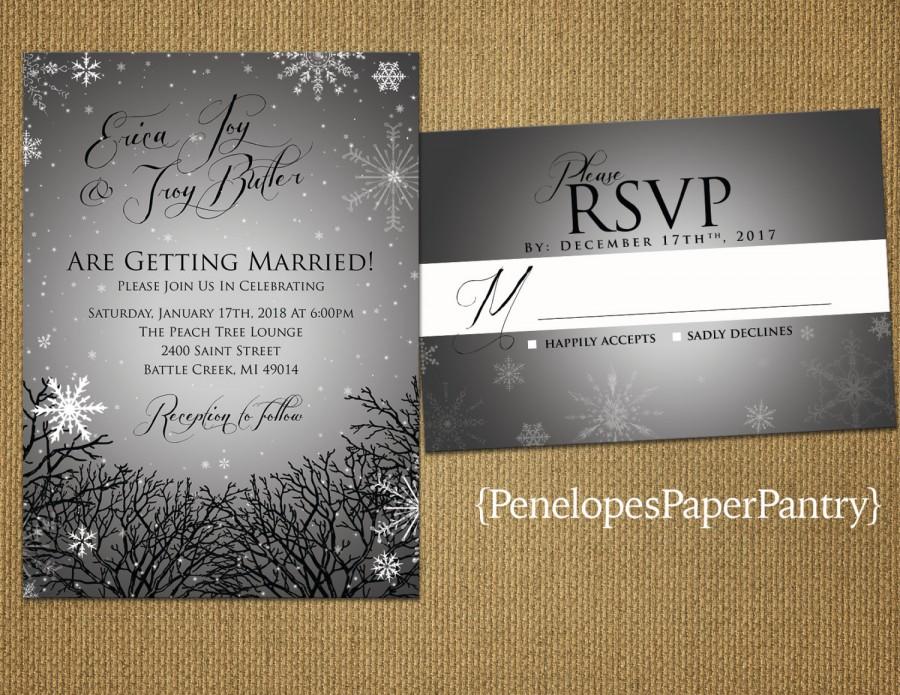 زفاف - Elegant Rustic Winter Wedding Invitations, Silver, Snowflakes, Tree Branches, Shimmery, Opt RSVP Card,Customizable,Includes White Envelopes.