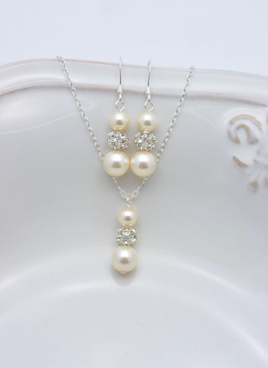 زفاف - 5 Ivory Pearl Jewelry Sets, Set of 5 Bridesmaid Necklaces and Earrings, Ivory Pearl Bridesmaid Sets, Pearl and Rhinestone Jewelry Sets 0238