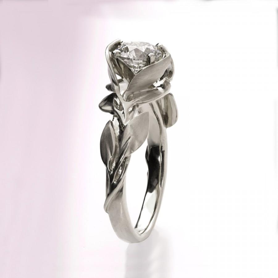 Wedding - Leaves Engagement Ring No. 7 - 14K White Gold and Diamond engagement ring, engagement ring, leaf ring, 1ct diamond, antique, vintage