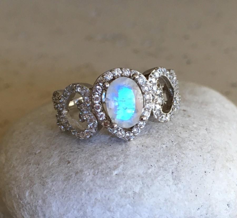 زفاف - Statement Moonstone Ring- Unique Engagement Ring- Wedding Ring- Promise Ring- Rainbow Moonstone Ring- Sterling Silver Ring- Art Deco Ring