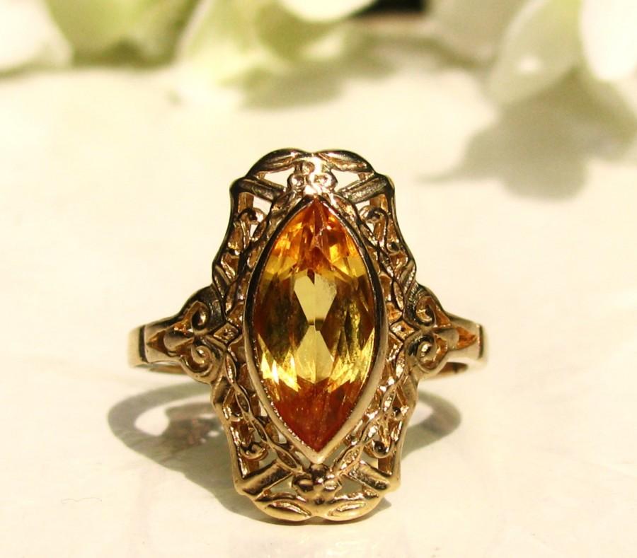 Wedding - Vintage Sapphire Engagement Ring 1.71ct Marquise Yellow Sapphire Alternative Engagement Ring 10K Yellow Gold Filigree PSCO Wedding Ring Sz 6