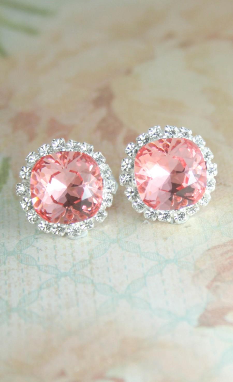 Свадьба - Pink crystal earrings,swarovski earrings,square earrings,stud earrings,crystal earrings,bridal earrings,bridesmaid earrings,pink wedding