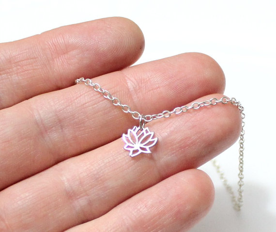 Hochzeit - Tiny Lotus Necklace, Lotus Flower Charm, Sterling Silver, Tiny Charm Necklace, Dainty Necklace, Yoga Jewelry, Charm Necklace, Gift Necklace
