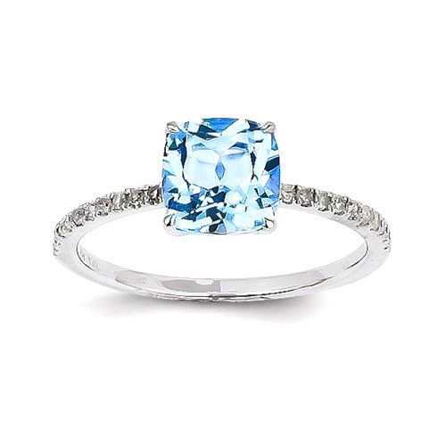 زفاف - 14k White Gold Diamond And Square Cushion Ice Blue Topaz Ring