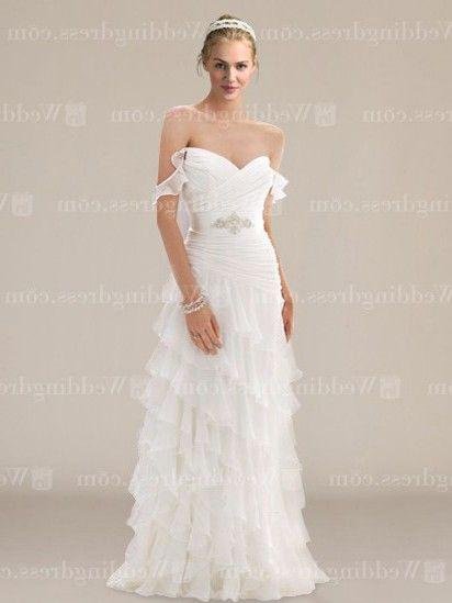 Hochzeit - Tiered Chiffon Wedding Gown With Off-the-Shoulder Straps DE203