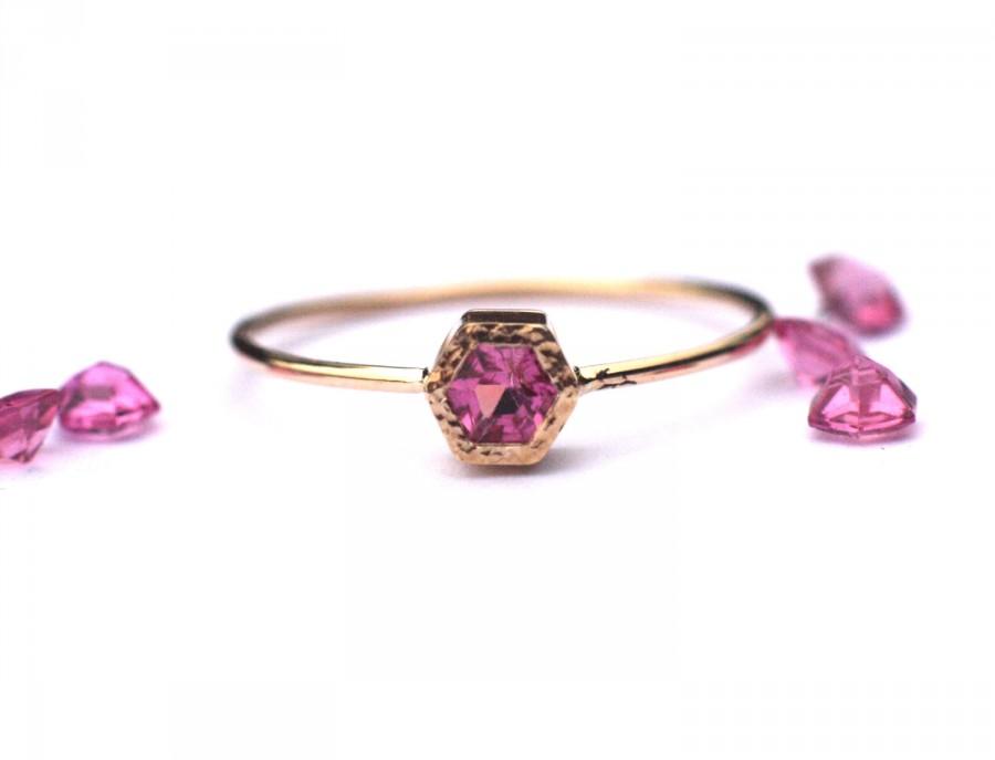 Hochzeit - Pink tourmaline ring in 14k gold, October birthstone ring, hexagon ring, pink gemstone ring, dainty ring