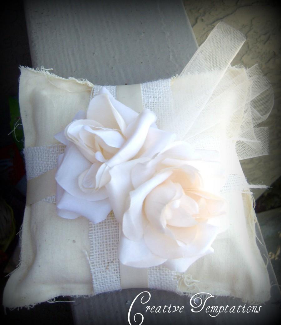 Свадьба - Shabby Chic ring bearer pillow accented in ivory roses, burlap, and tulle