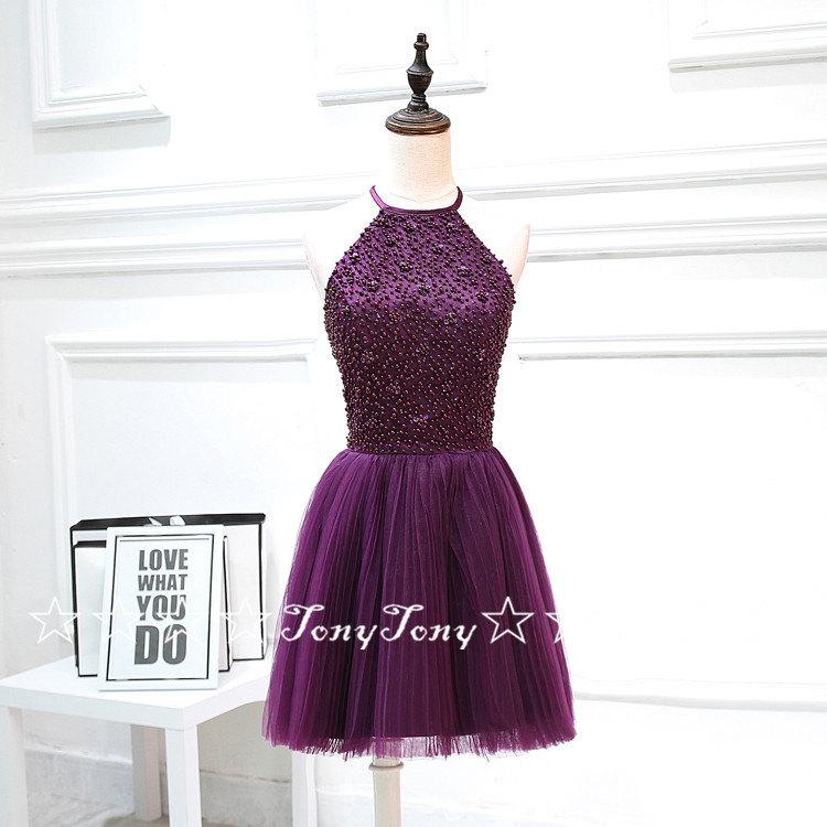 زفاف - Grape Tulle Homecoming Dresses,Halter Short Prom Dresses,Shinny Hoco Dresses