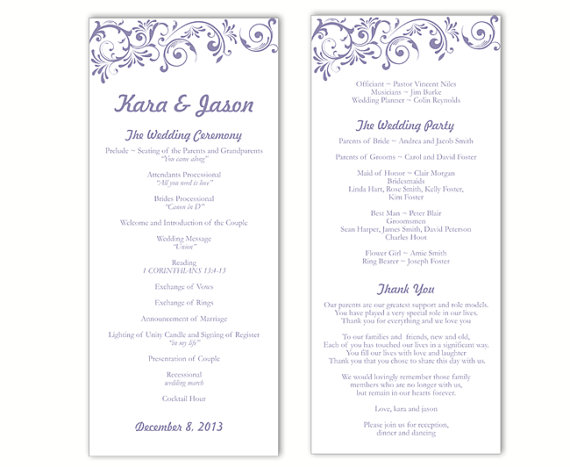 Hochzeit - Wedding Program Template DIY Editable Text Word File Download Program Purple Wedding Program Template Printable Wedding Program 4x9.25inch