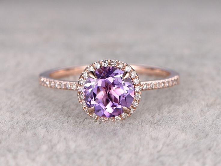 Wedding - Natural Amethyst Engagement Ring,Halo Diamond Wedding Ring,14K Rose Gold Band,7mm Round Cut Purple Stone Promise Ring,Bridal Ring,New Design