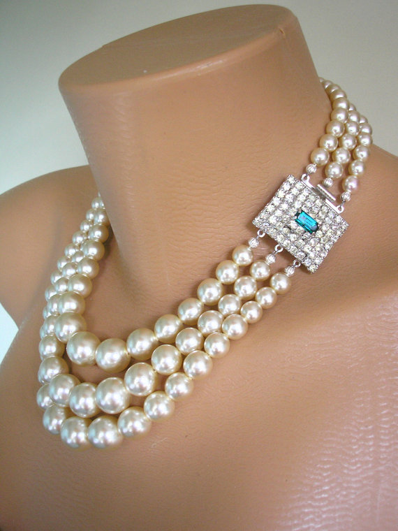 زفاف - Emerald Necklace, Pearl Bridal Necklace, Great Gatsby, Vintage Pearl Choker, Green Rhinestone Jewelry, Statement Necklace, Wedding Jewelry,