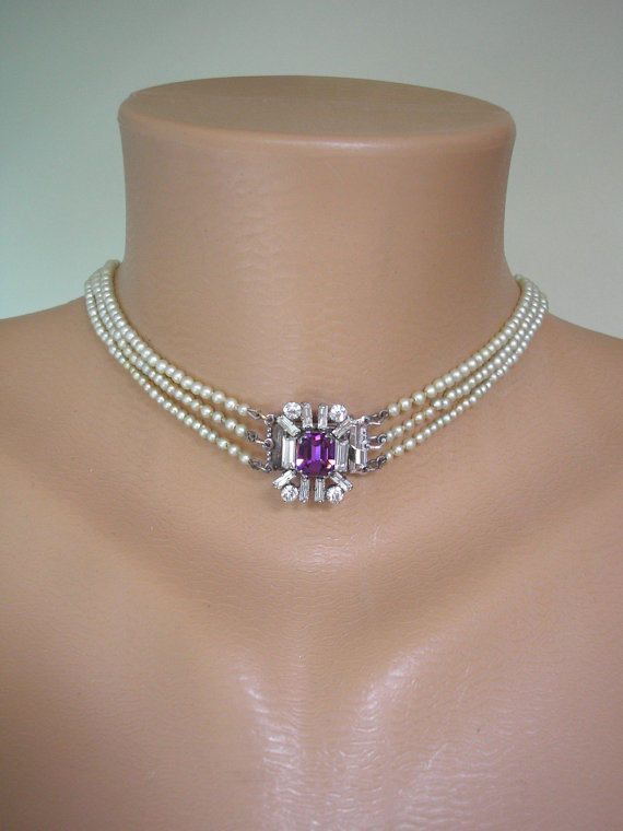 Wedding - AMETHYST And Pearl Necklace, Backdrop Necklace, Purple Rhinestone Jewelry, Art Deco, Great Gatsby, Cream Pearls, Bridal Pearls, LOTUS Pearls