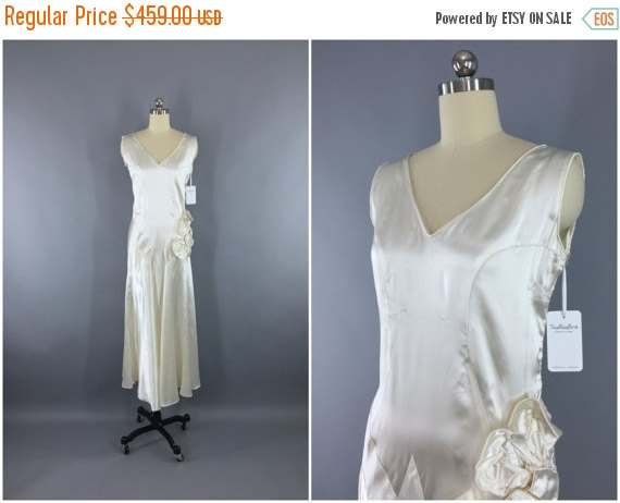 Wedding - SALE 30% OFF - Vintage 1920s Wedding Dress / 20s Bias Cut Dress / 1930s Art Deco Wedding / 30s White Satin Bridal Gown