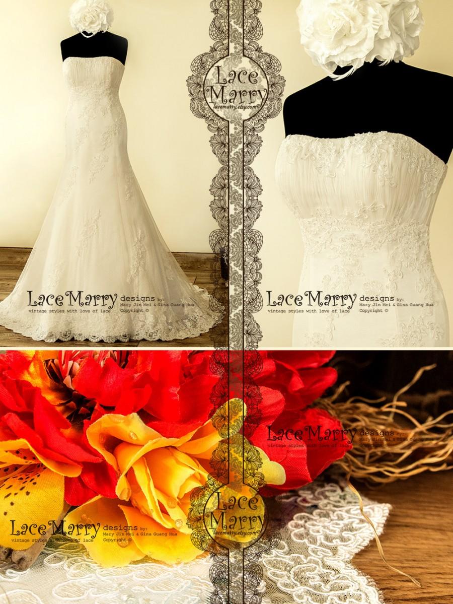 Hochzeit - A Line Wedding Dress with Sparkly Beading, A Line Wedding Dresses, Strapless Wedding Dresses, Applique Bridal Dresses, Lace up Wedding Dress