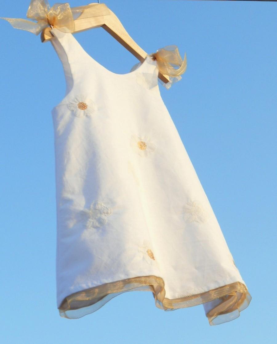 Mariage - Girl dress, linen & organza dress, white linen and gold organza,  wedding , made in spain