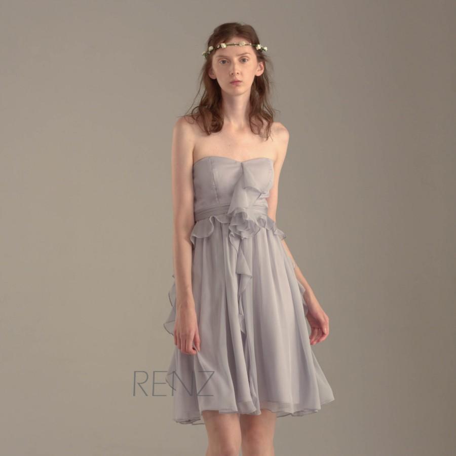 Свадьба - 2016 Grey Bridesmaid dress, Gray Ruffle Chiffon Wedding dress, Strapless Short Party dress, Formal dress, Prom dress Knee length (S140)