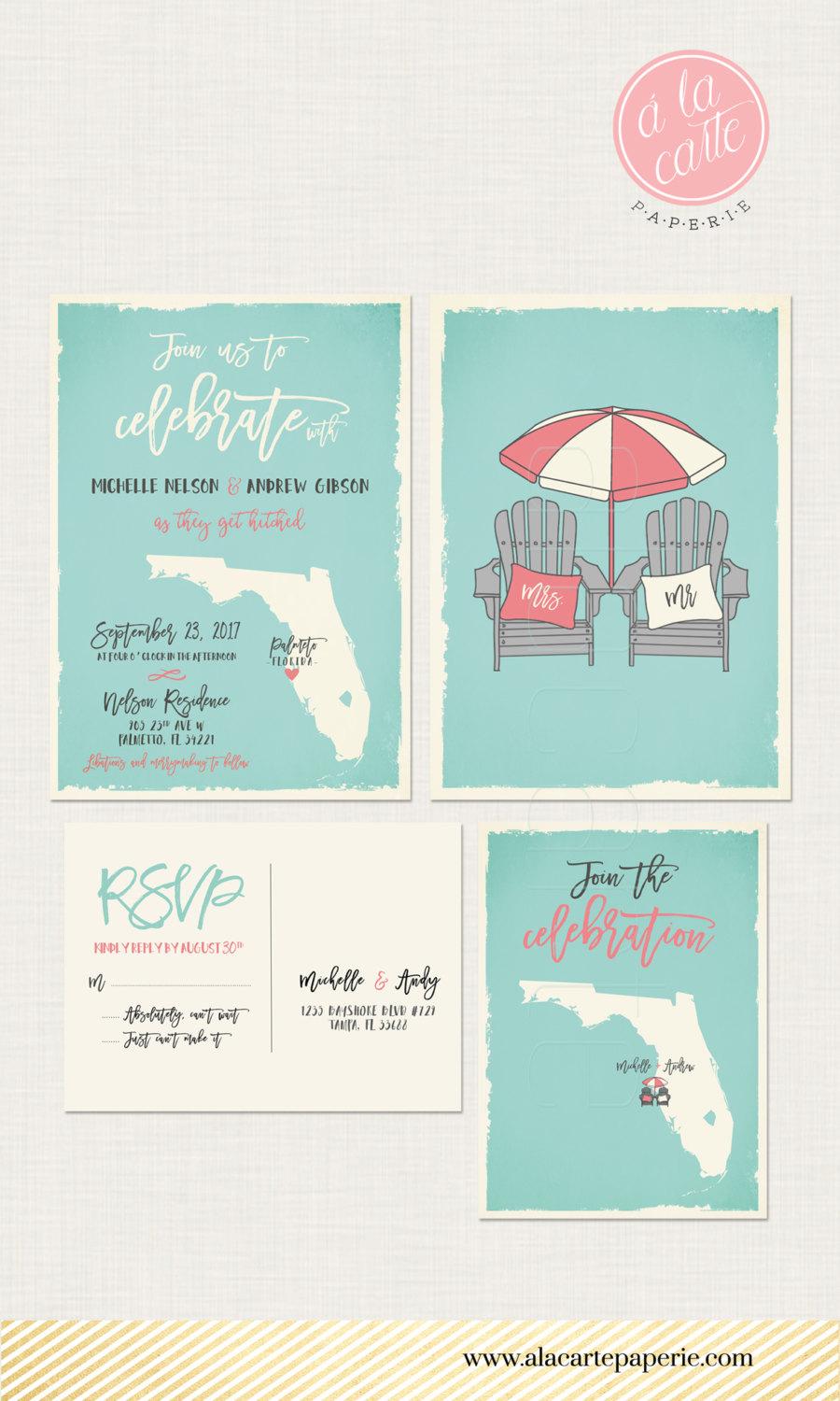 زفاف - Florida - substitute with your state - Wedding Invitation RSVP Set with adirondack beach chairs