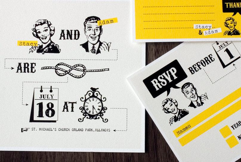 Hochzeit - Funny Wedding invitation set with yellow retro design - "Tying the knot"