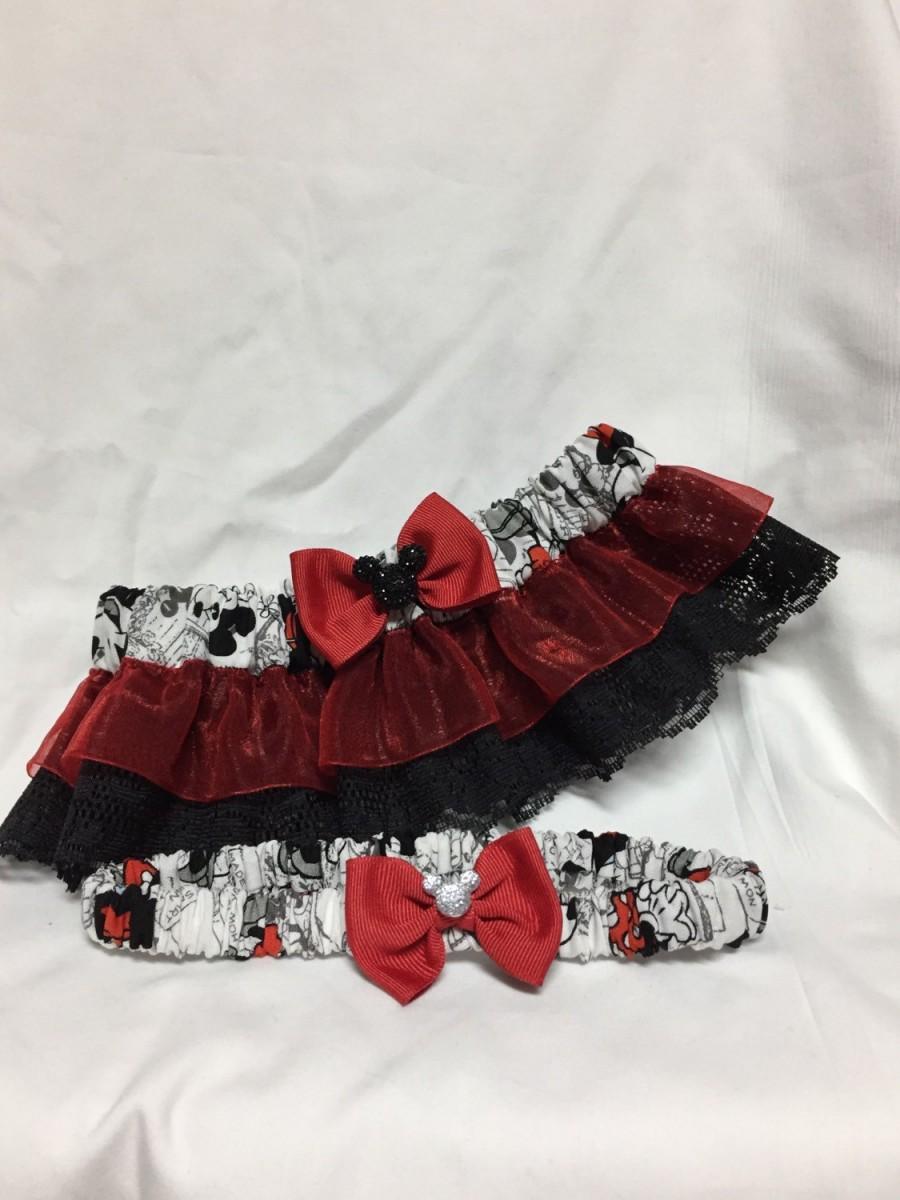 Hochzeit - Custom Red Mickey and Minnie Sketch Print prom or wedding garter