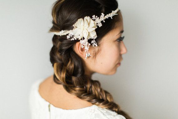 Свадьба - Ivory Lace Bridal Headband- Romantic Wedding Headpiece- Bohemian Bridal Hair Accessory- Flower Crown