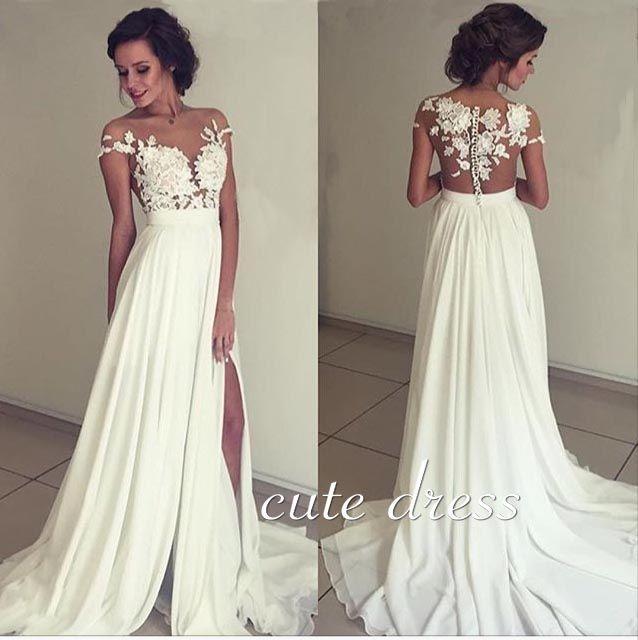 Wedding - Ivory Chiffon Lace Round Neck Long Prom Dress, Evening Dress From Cutedress