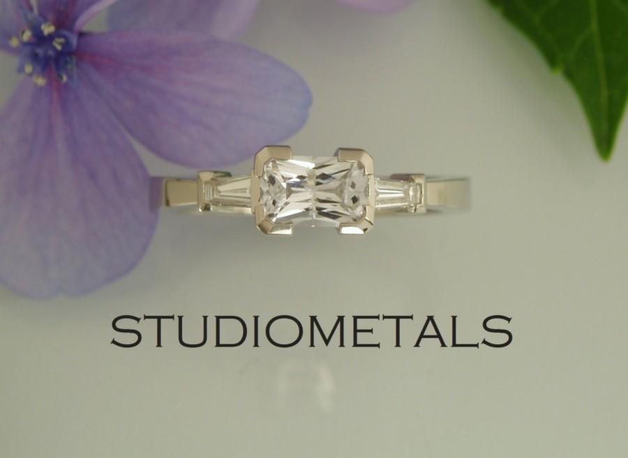 Wedding - Emerald Cut Engagement Ring, White Sapphire Engagement Ring, Emerald Cut Ring, R154