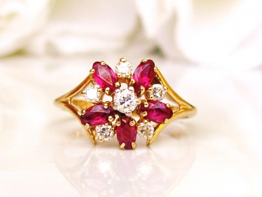 Hochzeit - Vintage Ruby Spinel Diamond Cluster Engagement Ring 14K Gold Floral Diamond Wedding Ring Anniversary or Cocktail Ring Size 4.5
