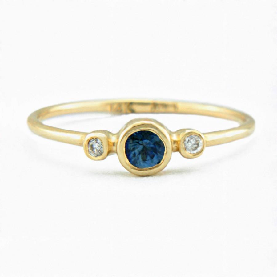 Hochzeit - Blue Sapphire and Diamond Ring 14k Gold Natural Sapphire Diamond Gold Ring Blue Sapphire Engagement Ring Alternative Engagement Ring
