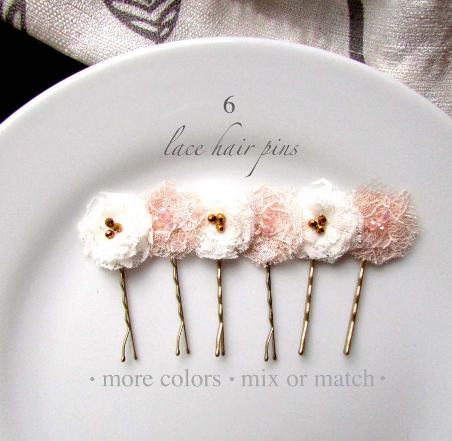 Wedding - PICK 6 Shabby Chic Blush and Cream Wedding Flower Hair Pins, Ivory Champagne Hair Flower, small fabric flower hairpin, Pearl Lace Hair Clips