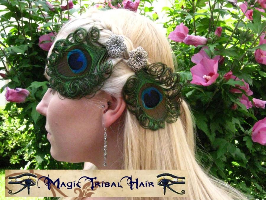 Mariage - 2 x PEACOCK feather FASCINATOR Tribal Fusion & BURLESQUE hair jewelry clip Head piece Belly Dance garb Oriental silver adornment