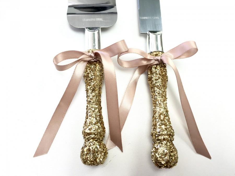 Mariage - Cake Cutter Set- FREE shipping Blush or Champagne & Gold glitter, wedding cake server, cake knife