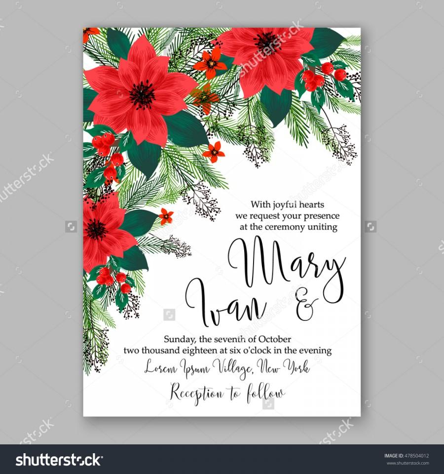 Hochzeit - Poinsettia Wedding Invitation sample card beautiful winter floral ornament Christmas Party wreath poinsettia, pine branch fir tree, needle, flower bouquet Bridal shower complimentary template wording